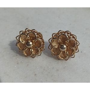 Vintage Gold Toned Filigree Layered 3D Flower Screw Back Clip On Earrings